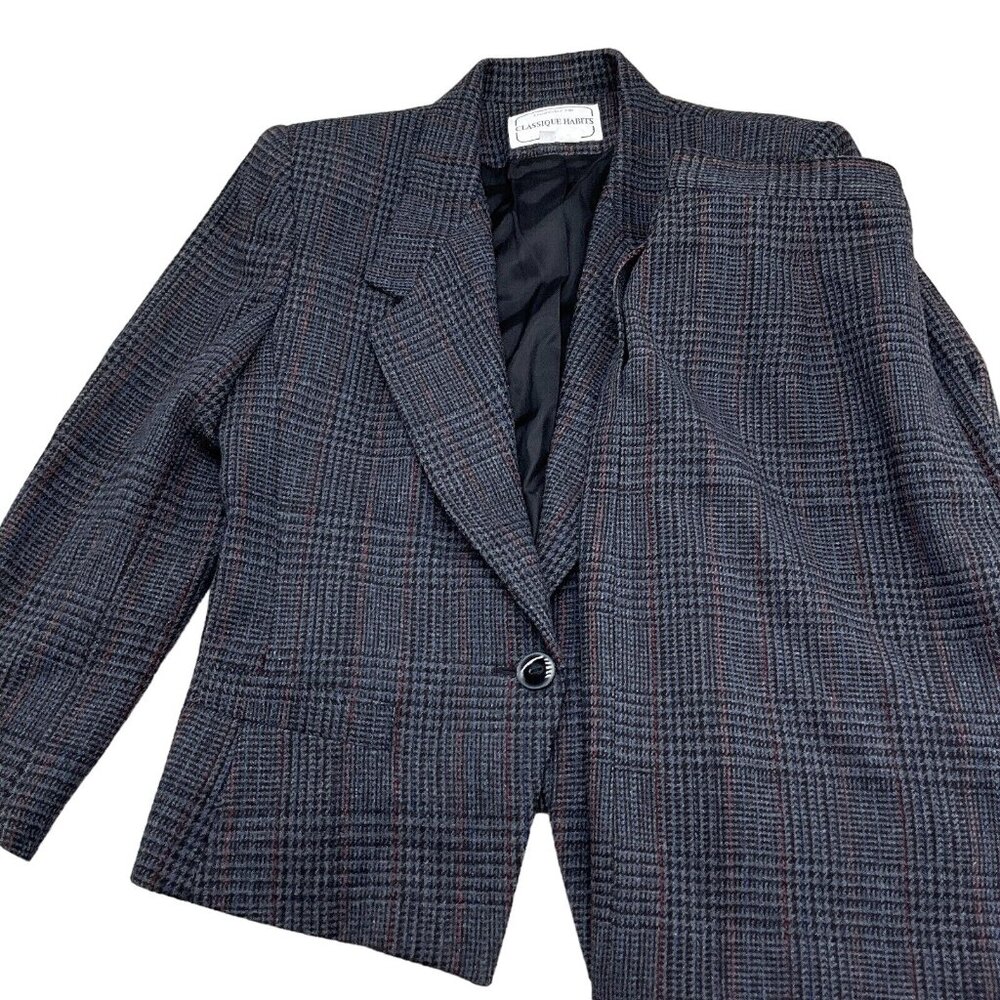 Classique Habits Skirt Suit Women 12 Gray Red Blue Glen Plaid Wool‎ VTG 2pc 80s